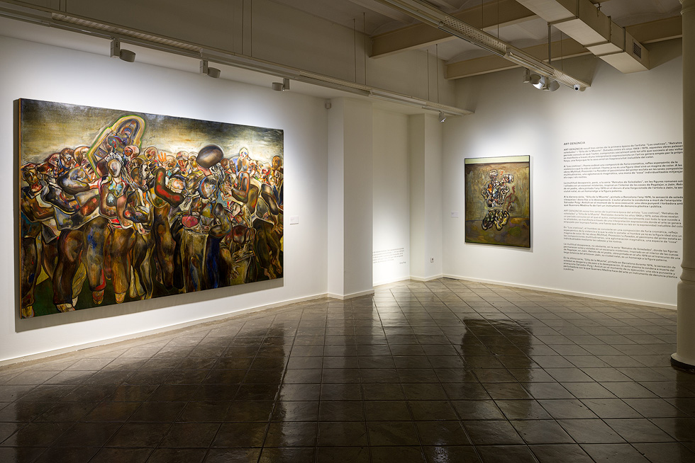 A gallery showcasing large, vibrant paintings with dynamic group scenes on white walls, accompanied by descriptive text.