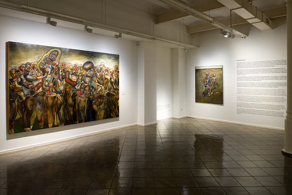 A gallery showcasing large, vibrant paintings with dynamic group scenes on white walls, accompanied by descriptive text.