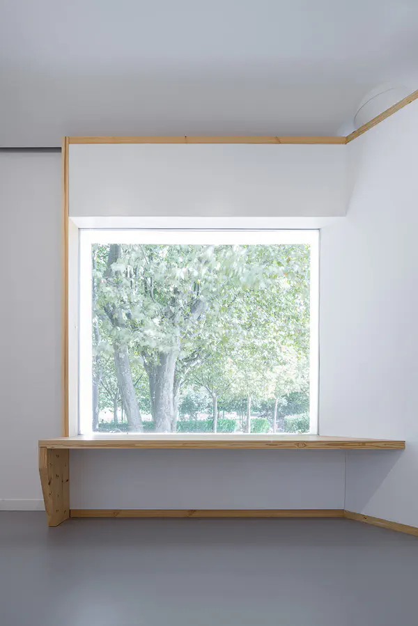 View through a large window with a wooden frame, showcasing trees and greenery outside.