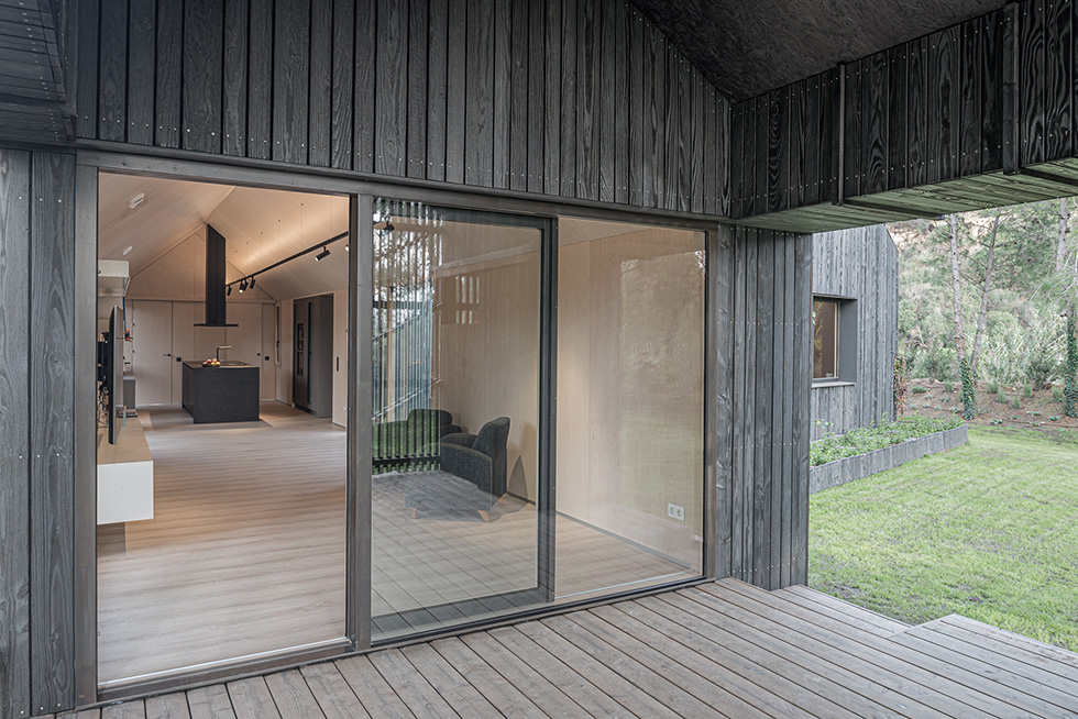 View from the outside looking into the living area and kitchen through large glass doors, showing the high pitched ceiling and modern interior of the wood house.