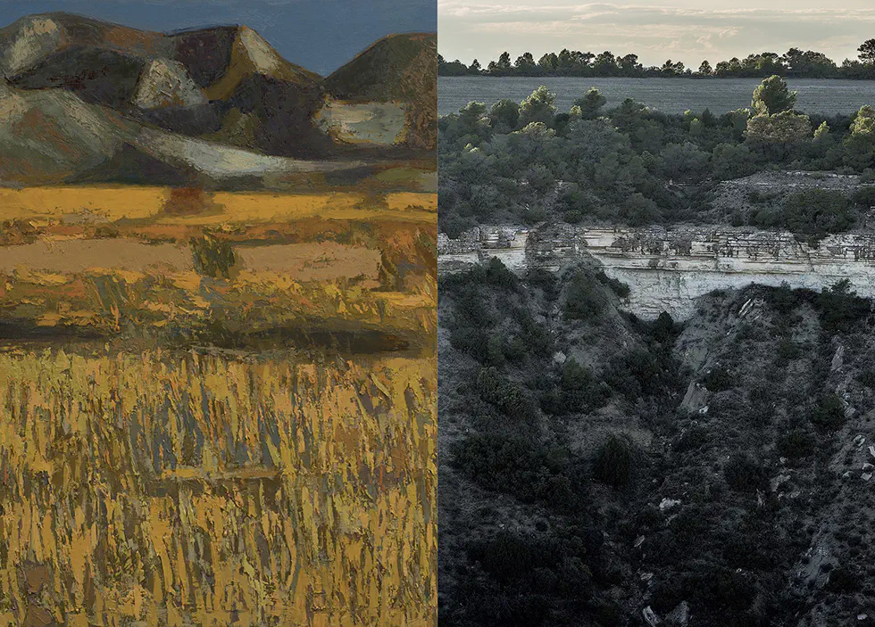 Diptych featuring an abstract painting of a mountain and field landscape on the left and a photograph of a forested rocky canyon on the right.