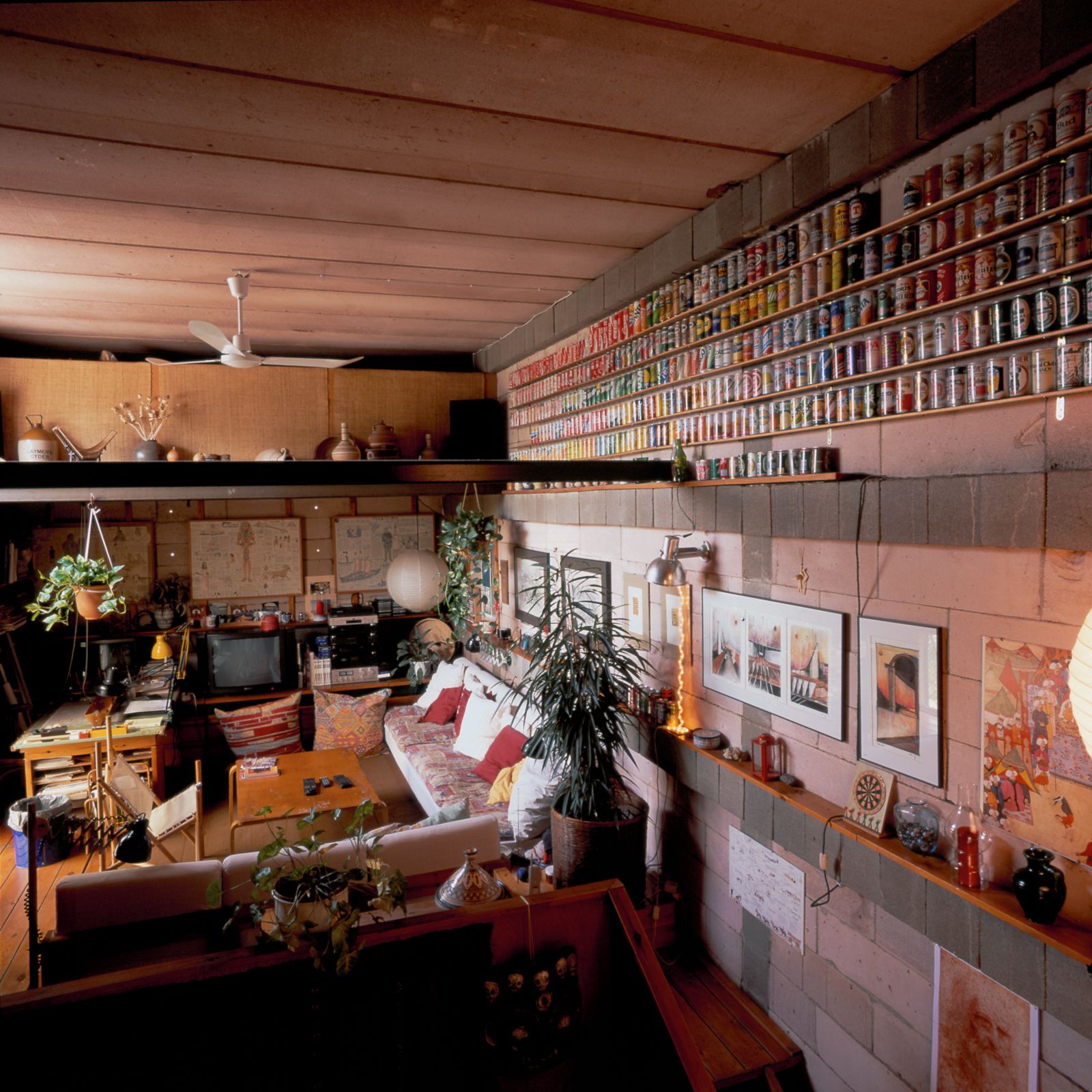 Espai d'estar acollidor amb una col·lecció heterogènia d'objectes, incloent una gran exhibició de llaunes a la paret, diverses obres d'art, plantes i una barreja de mobles moderns i vintage.