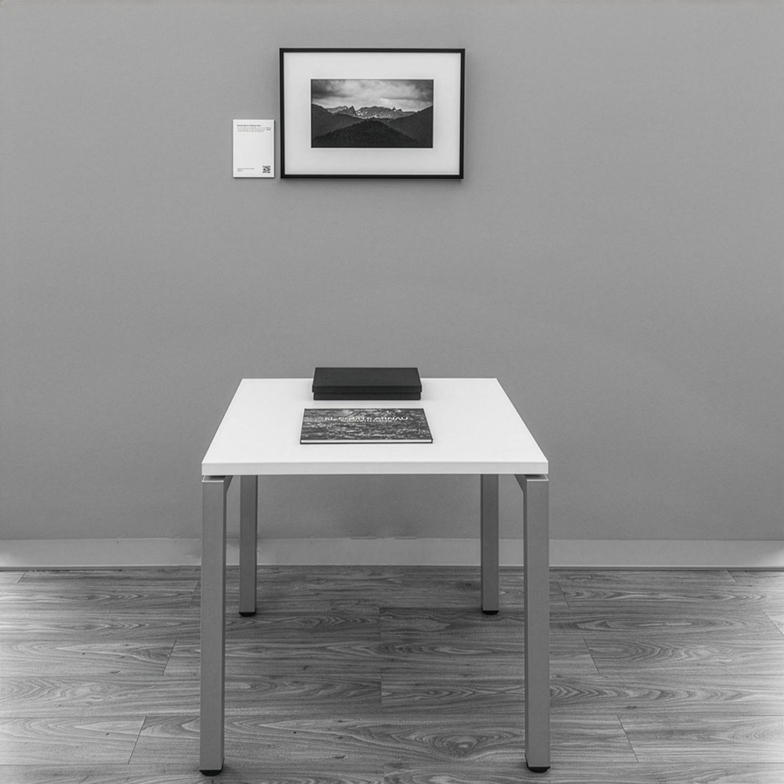 Una fotografía enmarcada sola en una pared gris sobre una mesa blanca que muestra un libro y una caja.