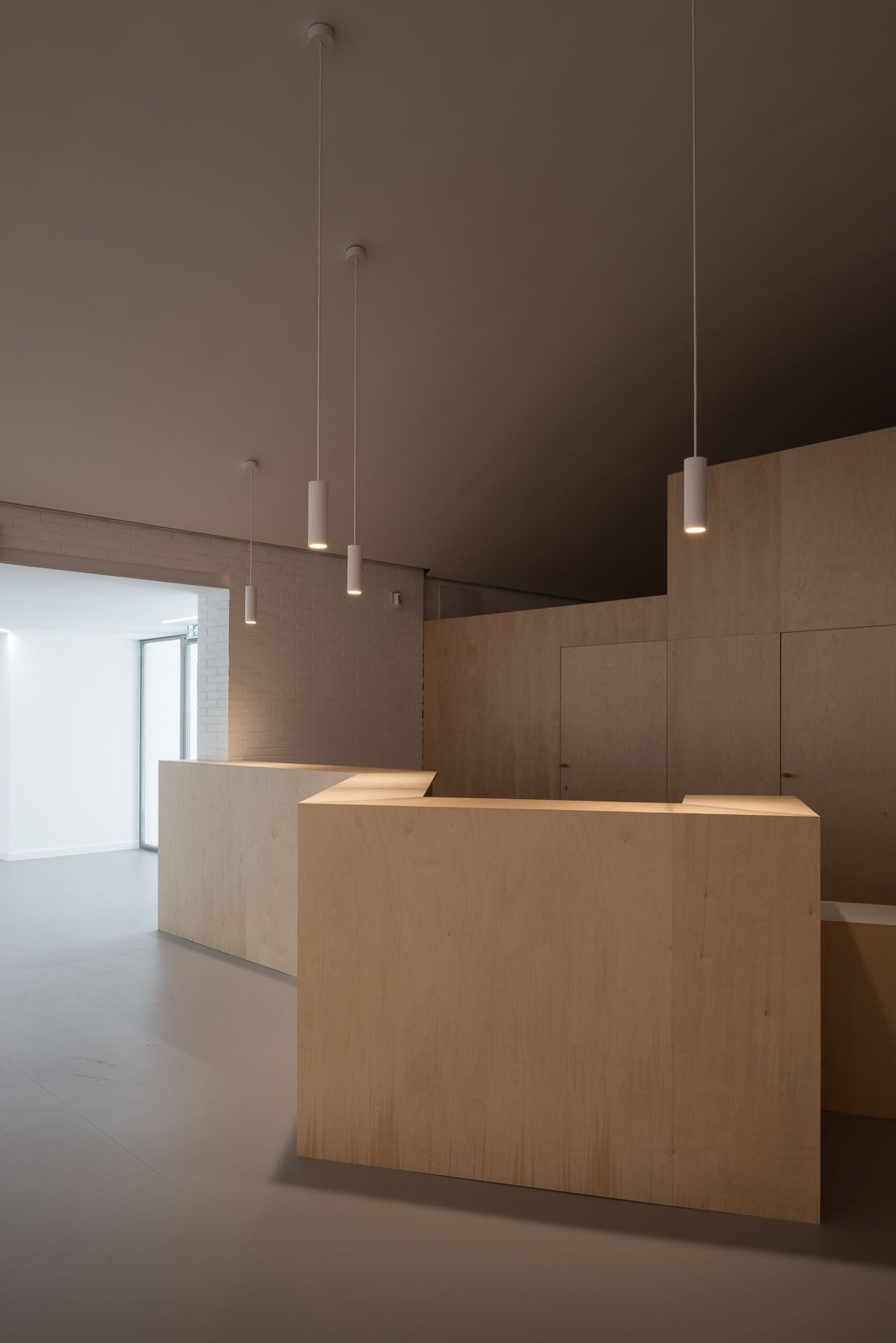 Reception area with minimalist design featuring wooden panels, pendant lighting, and a smooth, neutral floor.