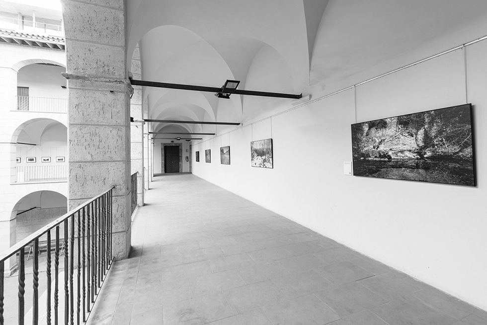 Covered walkway in an art gallery with photographs displayed on the walls.