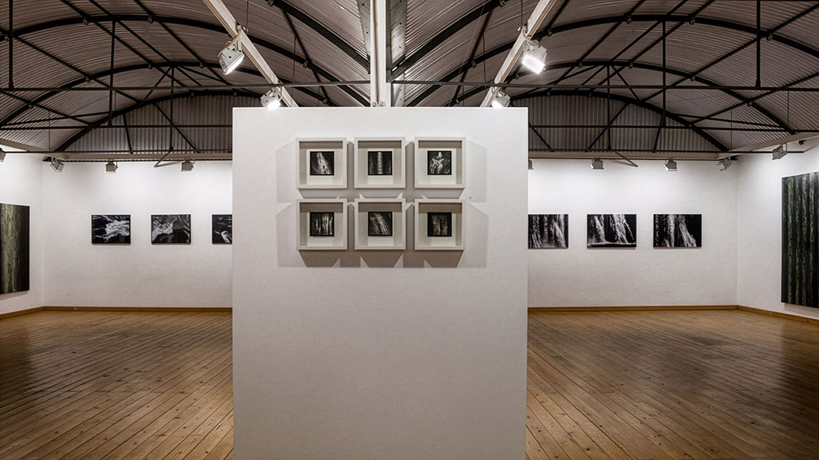 Interior de galeria amb obres d'art emmarcades a les parets, mostra central de marcs més petits, terra de fusta i sostre de metall abovedat.