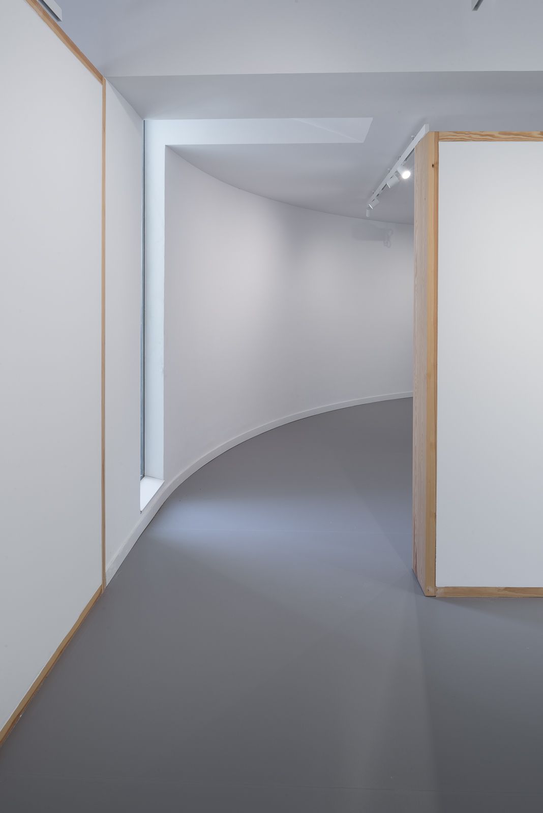 Curved gallery hallway with modular white walls and wooden frames, a tall vertical window providing natural light, and overhead track lighting.