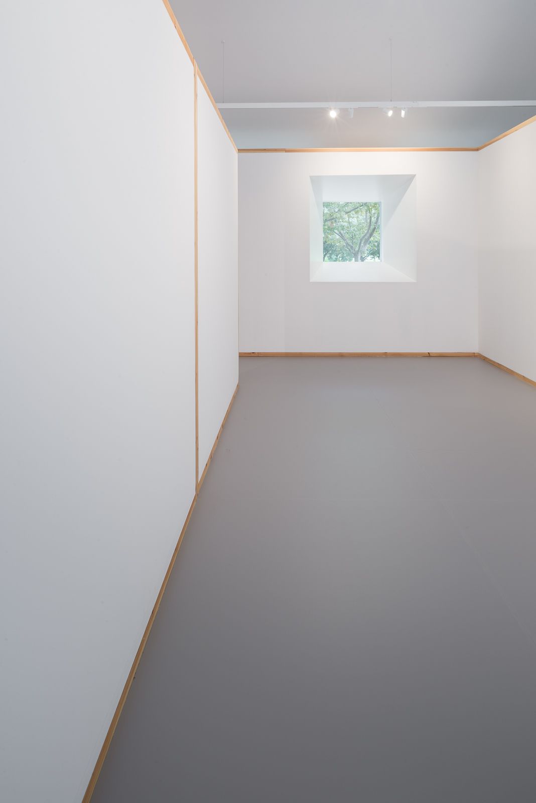 Minimalistic interior with white walls and wooden frames, featuring a single window providing a view of trees outside.