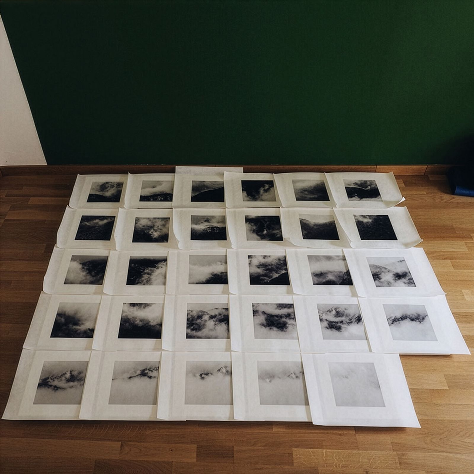 Una graella de fotografies en blanc i negre disposades en un terra de fusta.