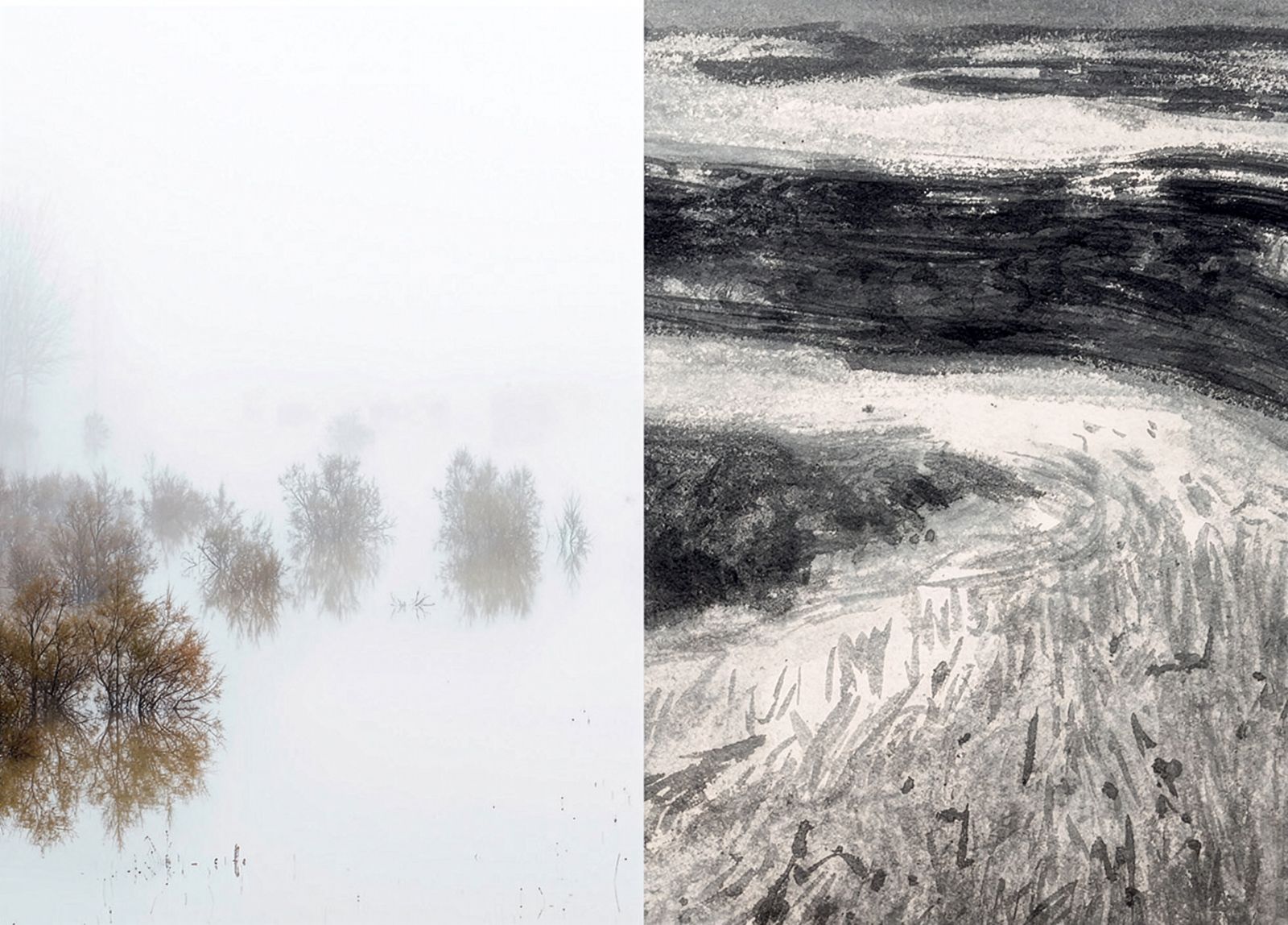 Díptico con una fotografía de un paisaje neblinoso con árboles y sus reflejos en el agua a la izquierda y una pintura monocromática abstracta de un paisaje similar a la derecha.